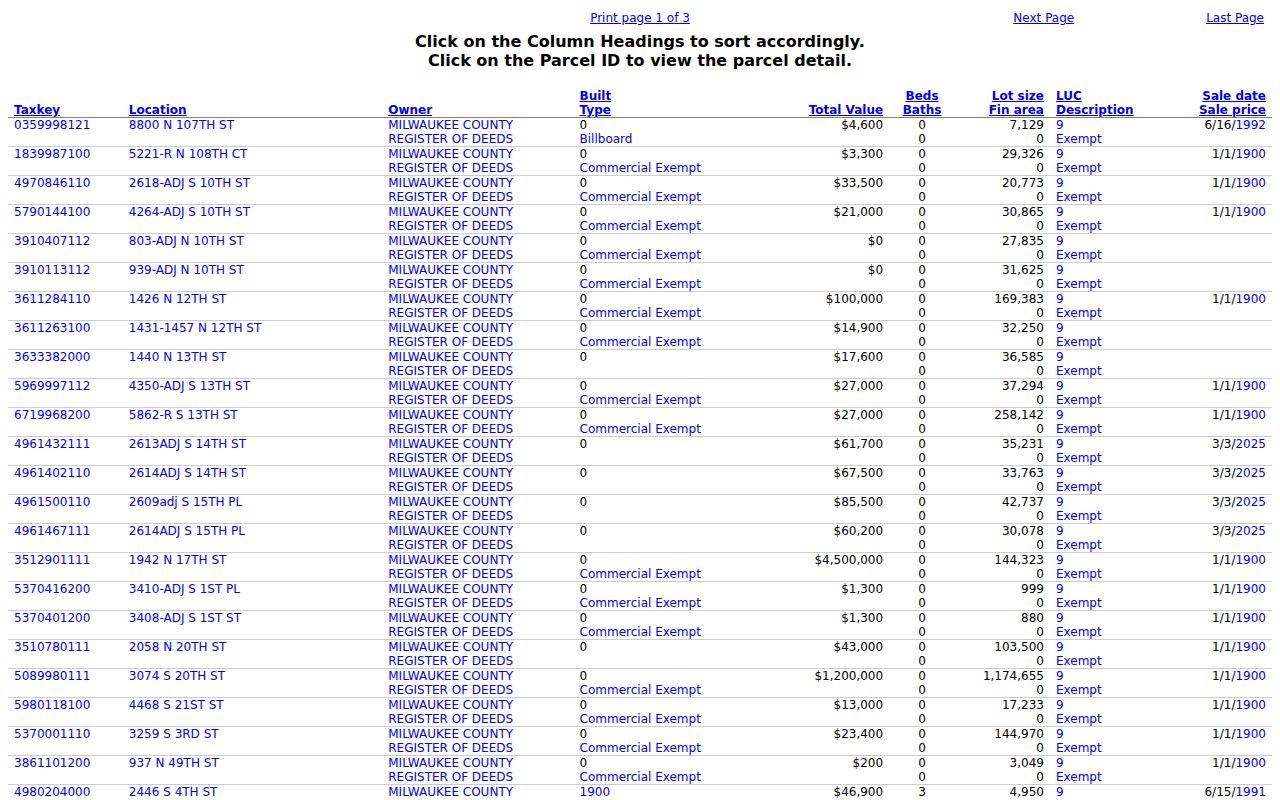 Milwaukee Assessor property search results with owner, tax key, address, class, and assessed values