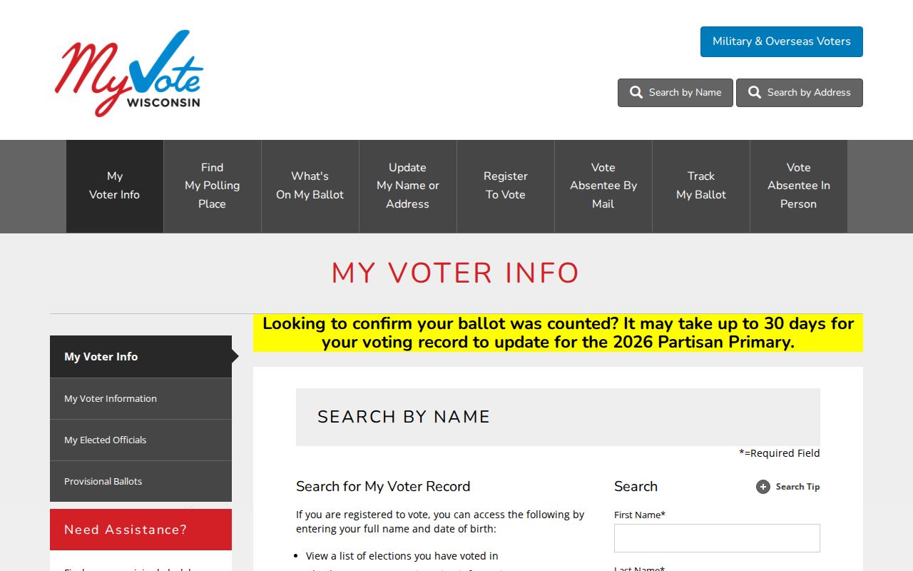 MyVote Wisconsin name and birth date form for Milwaukee voter self-check
