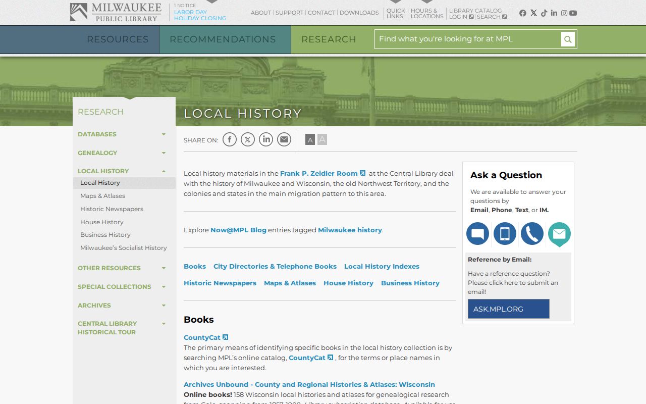 Milwaukee Public Library local history resources for directories, newspapers, maps, and address research